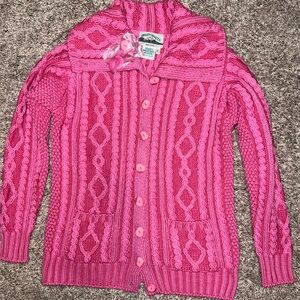 NWT Aran Crafts Ireland 100% Wool Pink Cable Knit Cardigan Sweater Small